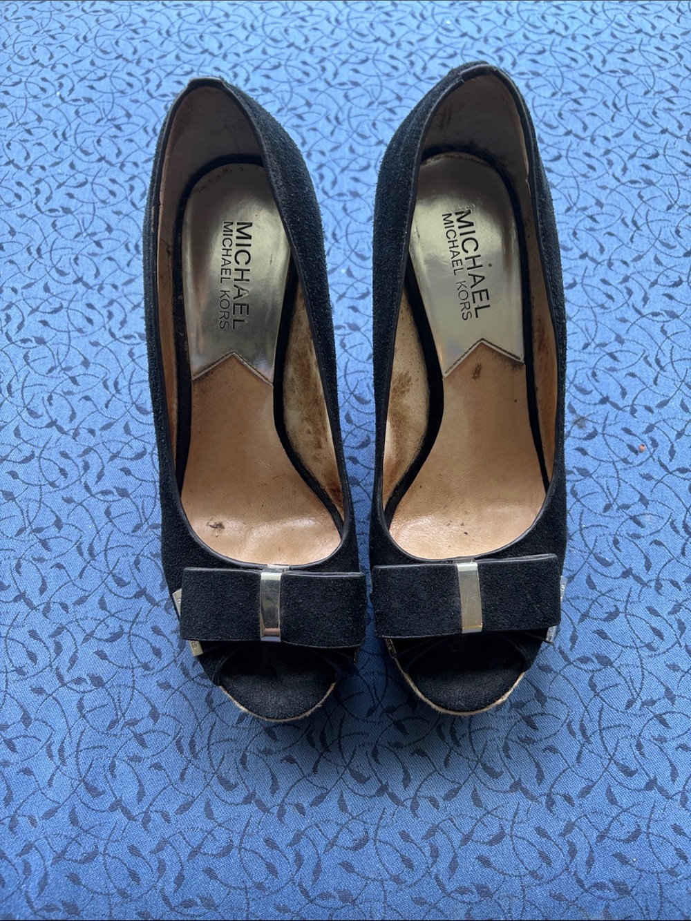 MICHAEL Michael Kors Black Suede Peep-Toe Pumps with Bow and Metallic Accent